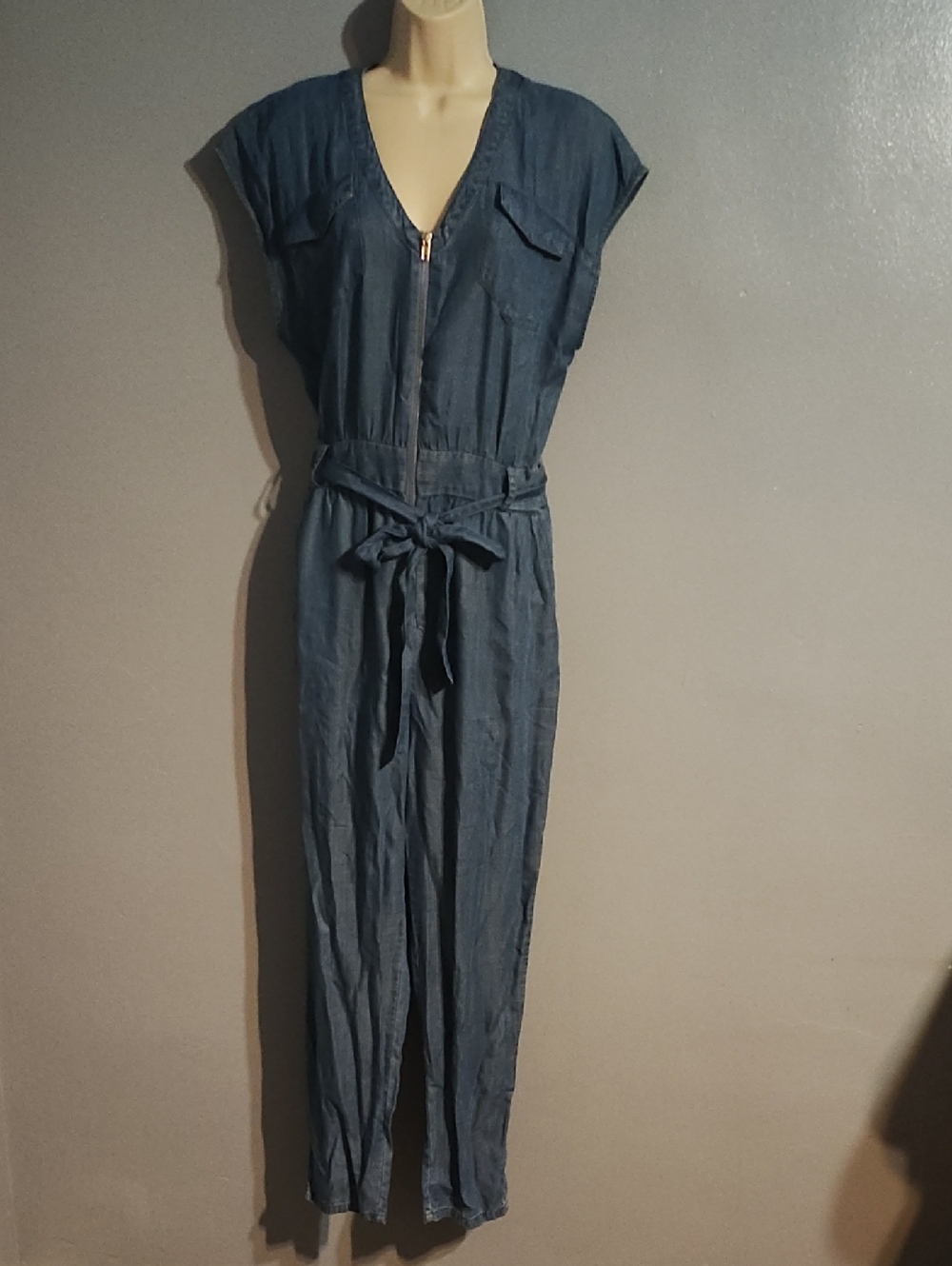 New York & Company Dark Blue Denim Jumpsuit with Tie Waist